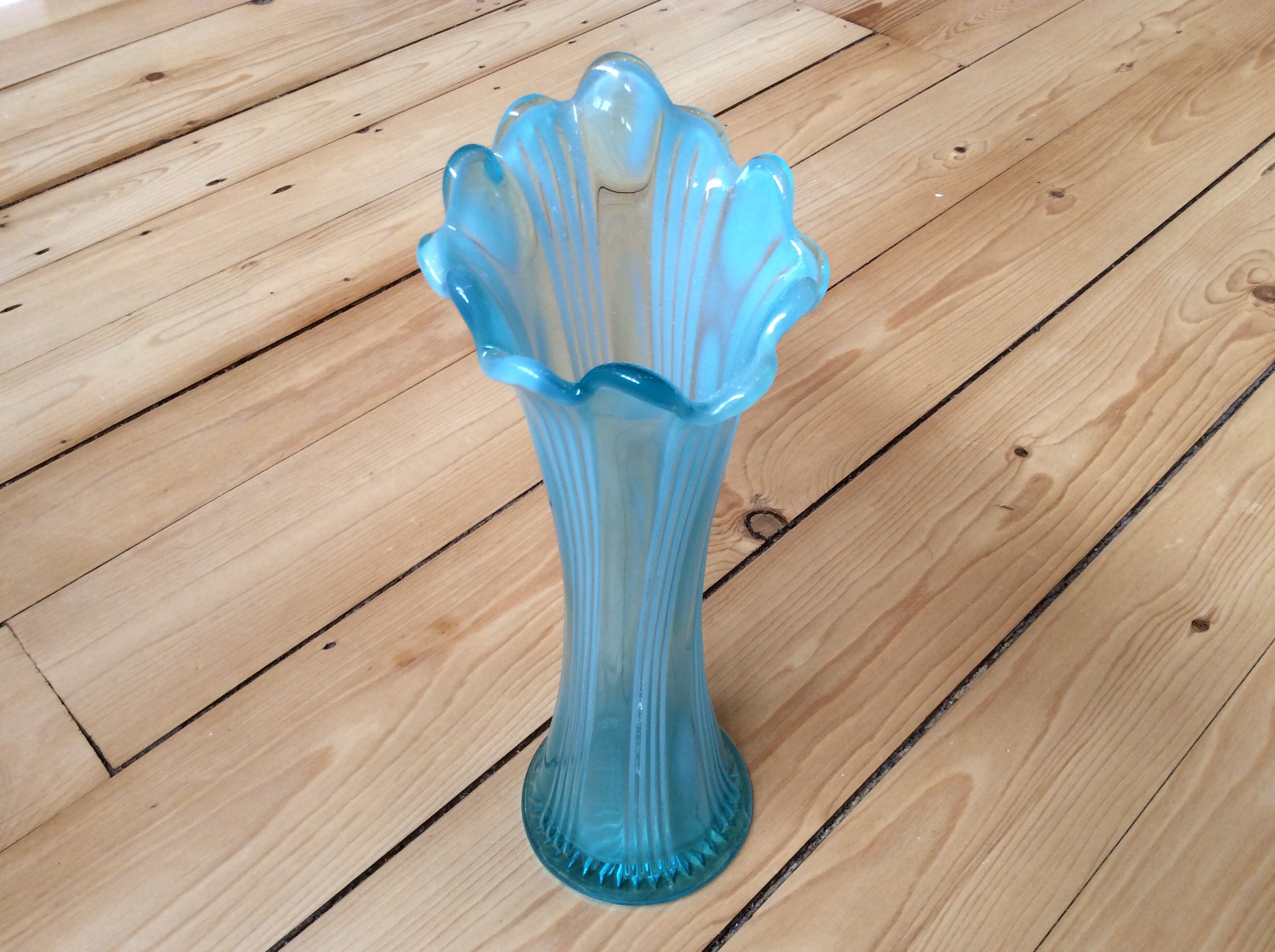 Vintage Fenton Blue Striped Glass Vase With Ruffled Top Farrago